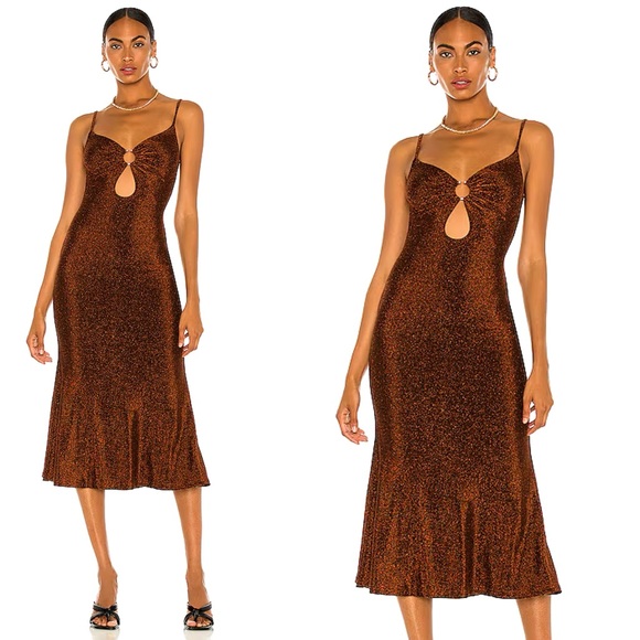 MISHA Josette Shimmer Midi Dress Bodycon Metallic Party Fall Burnt Copper Medium - Picture 1 of 12